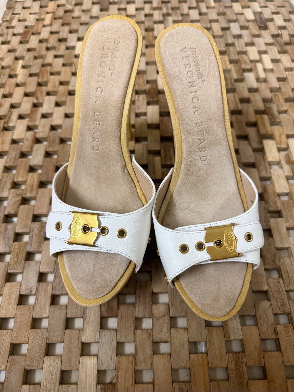Veronica Beard White Leather Slide Mules with Gold Hardware